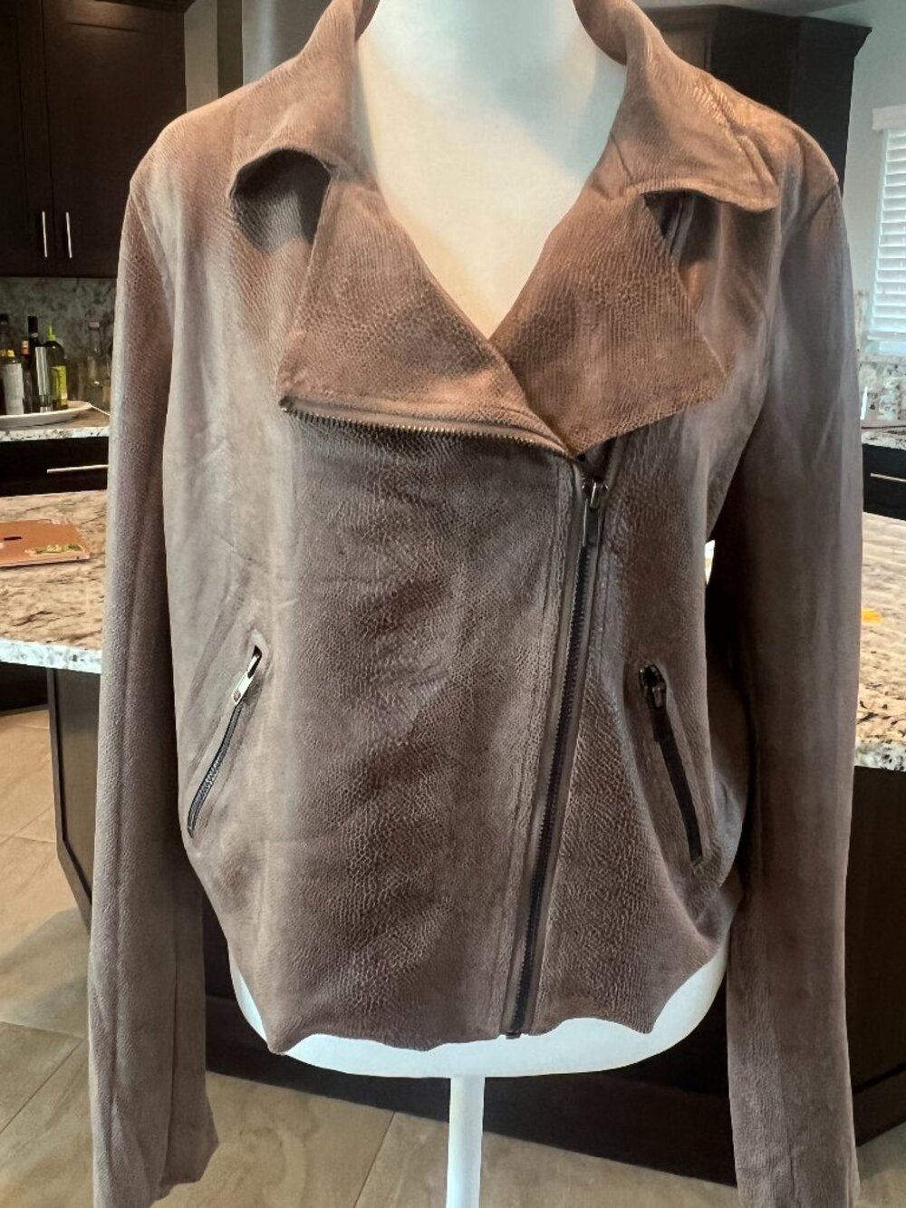 Skies Are Blue Mocha Snake Skin Print Faux Suede Moto Jacket - Medium, Cropped